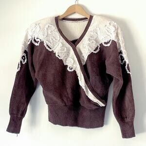 Vintage 80s Lace Ballet Wrap Sweater Medium Coquette Romantic Cottage Goth